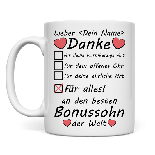 Weisse personalisierte Keramiktasse mit Namen fuer Bonus-Sohn als Geschenk zum Geburtstag