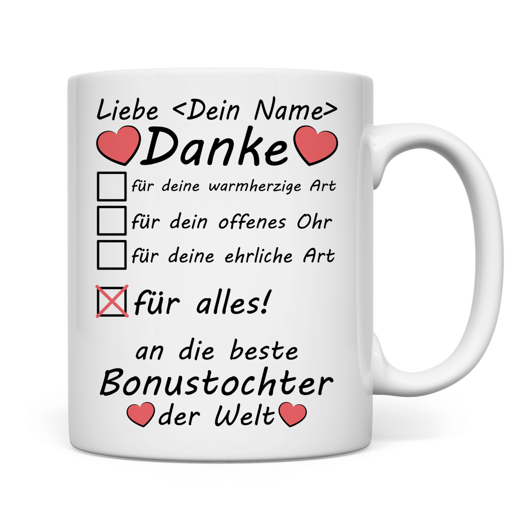 Premium Tasse fuer die beste Bonus-Tochter der Welt mit individueller Personalisierung zu Weihnachten