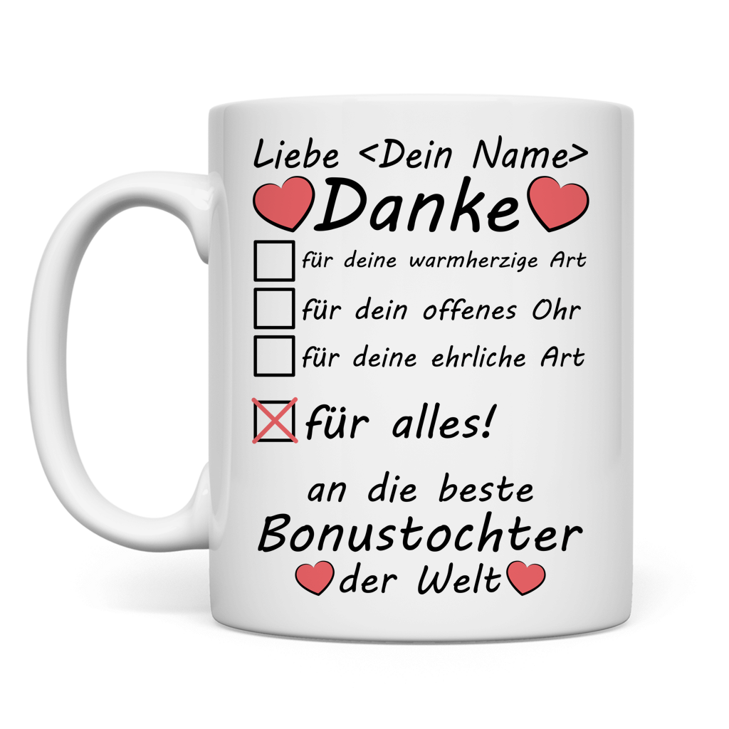 Weisse personalisierte Keramiktasse fuer Bonus-Tochter mit Namen als Geschenk zum Geburtstag