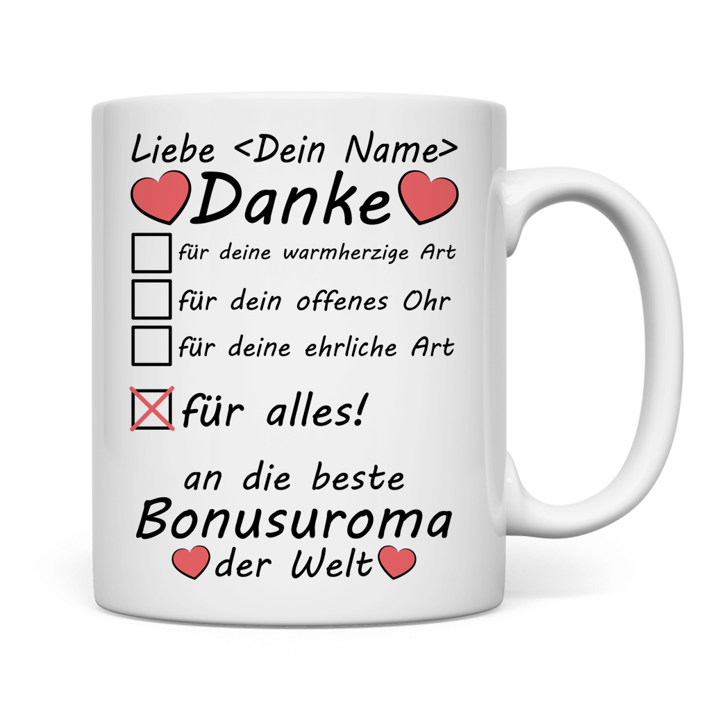 Premium Tasse fuer Bonus-Uroma mit individuellem Namen und Danke-Botschaft zum Muttertag