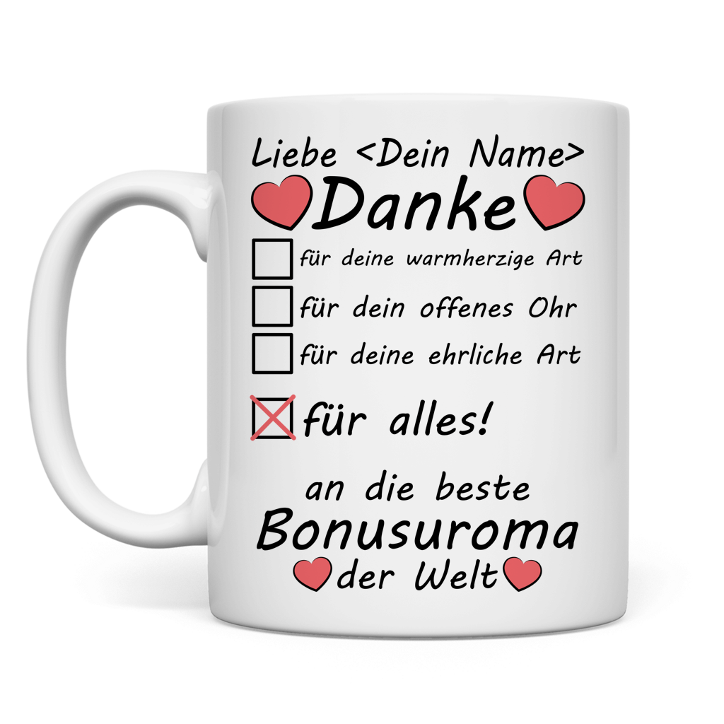 Weisse personalisierte Keramiktasse mit Namen fuer Bonus-Uroma als Geschenk zum Geburtstag