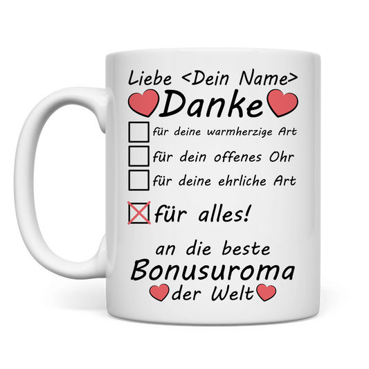 Weisse personalisierte Keramiktasse mit Namen fuer Bonus-Uroma als Geschenk zum Geburtstag