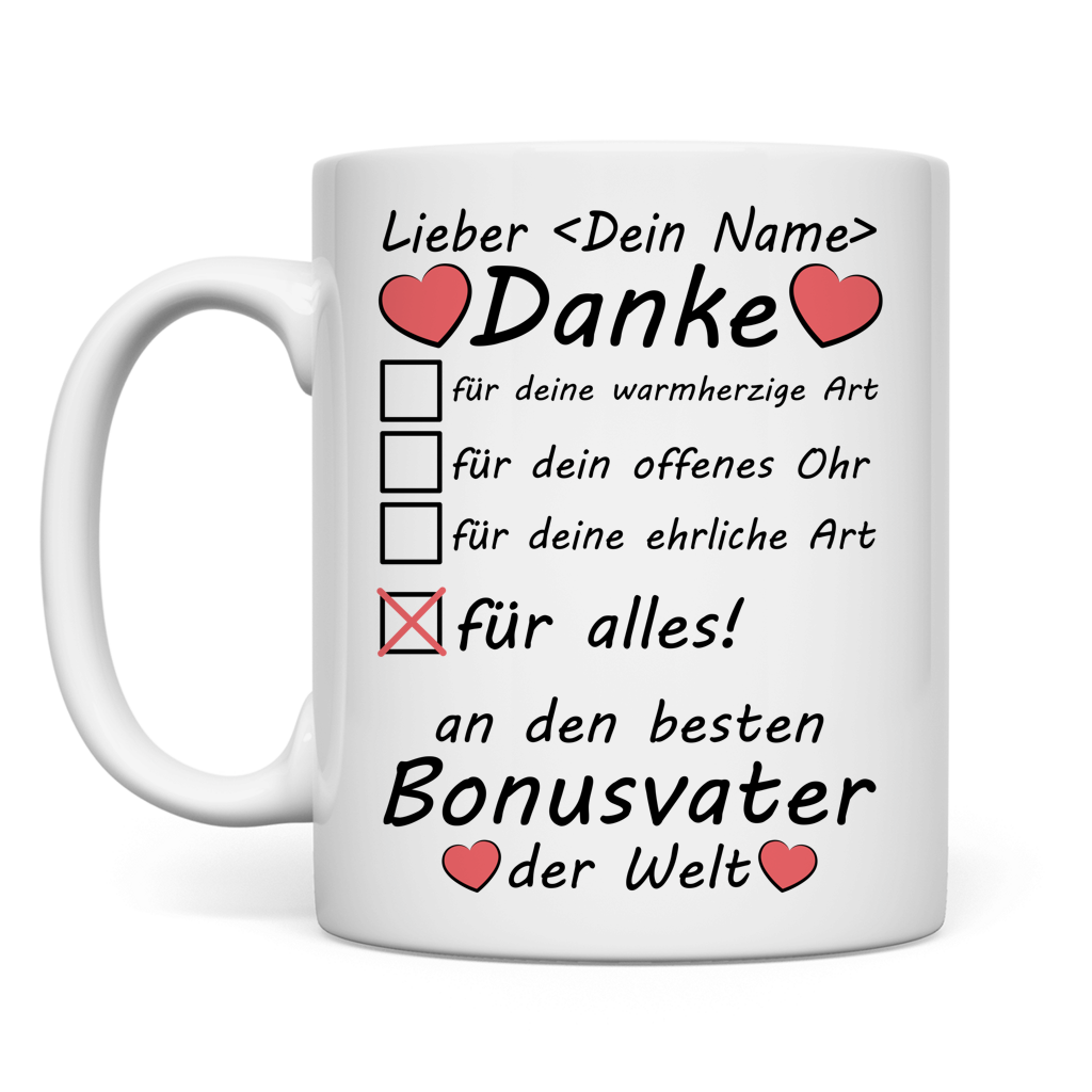 Weisse personalisierte Keramiktasse mit Namen fuer Bonus-Vater als Geschenk zum Vatertag