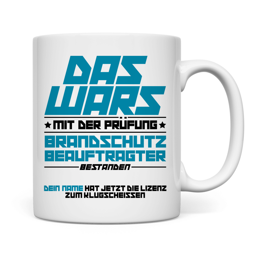 premium Tasse fuer Brandschutzbeauftragter als Geschenk zur Pruefung, ideal zum Glueckwunsch