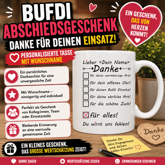 Bufdi Abschiedsgeschenk um Danke zu sagen für deinen Einsatz beim BFD. Personalisierte Tasse mit Wunschnamen