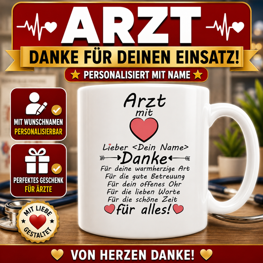 Personalisierte Danke-Tasse mit Wunschname als kleines Dankeschön für Arzt oder Arztpraxis. Persönliches Geschenk nach OP oder Behandlung.