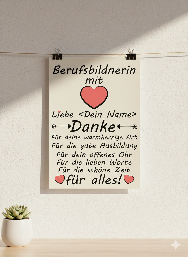 personalisiertes Abschiedsgeschenk Poster für Berufsbildnerinnen zum Ende der Ausbildung, DIN A3 Hochformat, florale Elemente oder modernes Design mit Dankestext für die Mentorin.