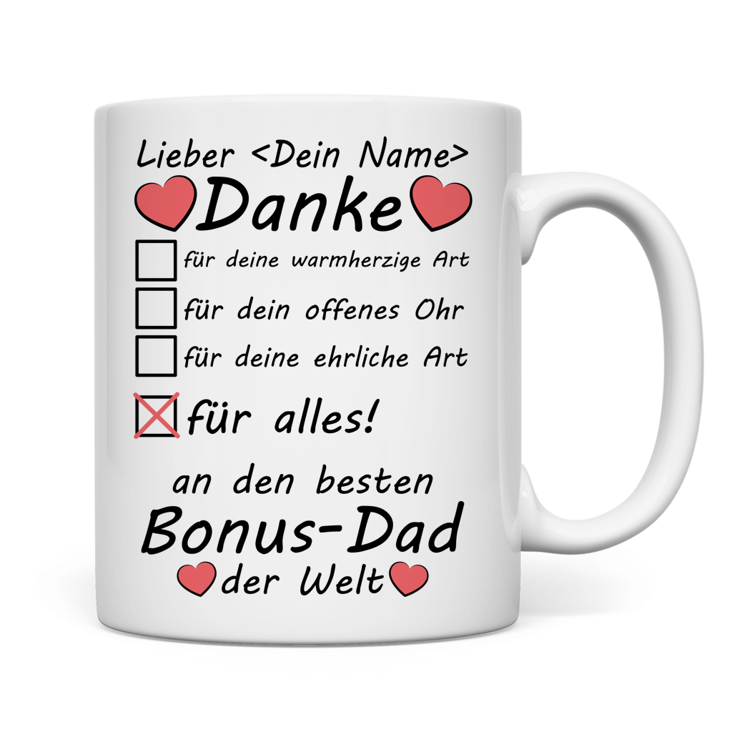 Premium Tasse fuer den besten Bonus-Dad der Welt mit individuellem Namen zum Geburtstag