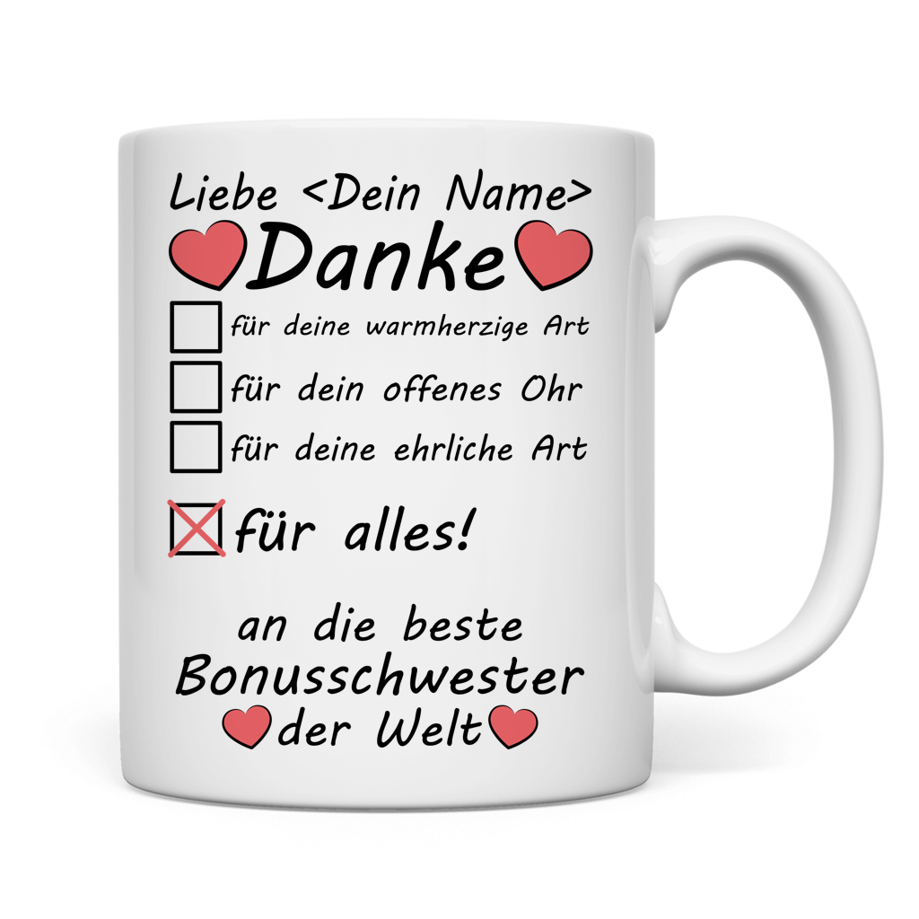 Premium Geschenktasse fuer Bonus-Schwester mit liebevoller Botschaft zum Freundschaftsjubilaeum