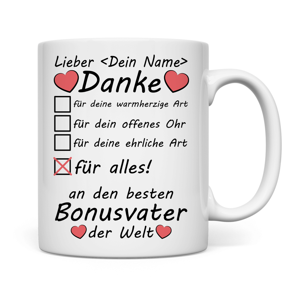 Premium Tasse fuer den besten Bonus-Vater der Welt mit individuellem Namen zum Geburtstag