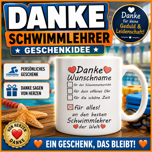 Dankeschön Tasse für den besten Schwimmlehrer der Welt mit Wunschnamen