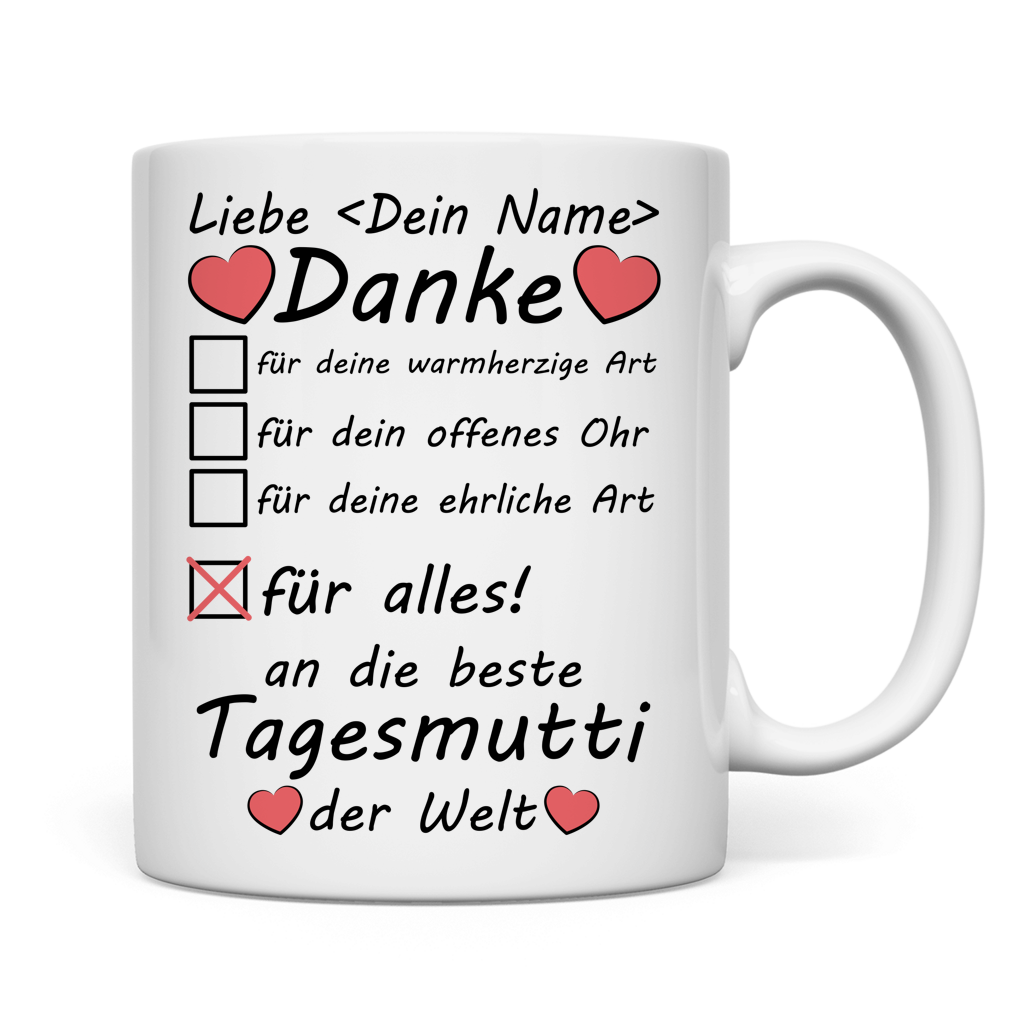 Premium Tasse fuer die beste Tagesmutti der Welt mit individuellem Namen zum Abschied