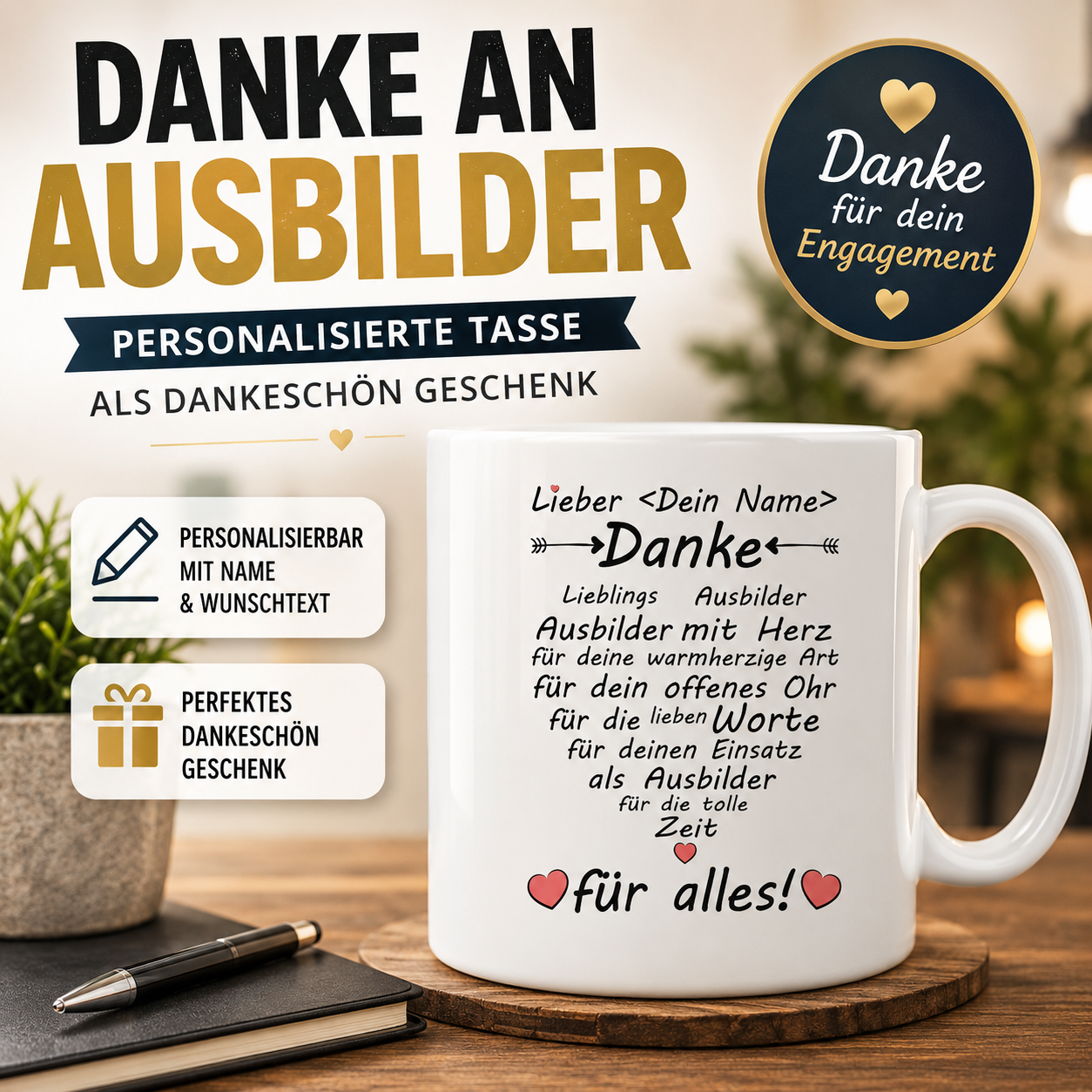 Personalisierte Tasse mit Dankesbotschaft für Ausbilder und Wunschname. Persönliches Dankeschön Geschenk für Ausbilder als Erinnerung an die gemeinsame Ausbildungszeit und Wertschätzung für den Einsatz.