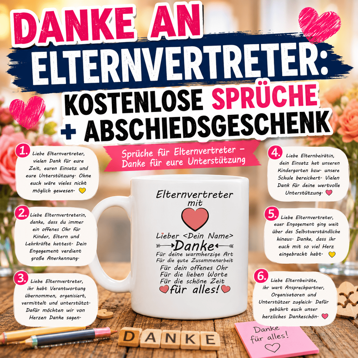 Danke an Elternvertreter: Kostenlose Sprüche + Abschiedsgeschenk" ,10 Texte für Elternvertreter – Danke für eure Unterstützung Kostenlos zum Kopieren – für Karte, WhatsApp oder Mail
