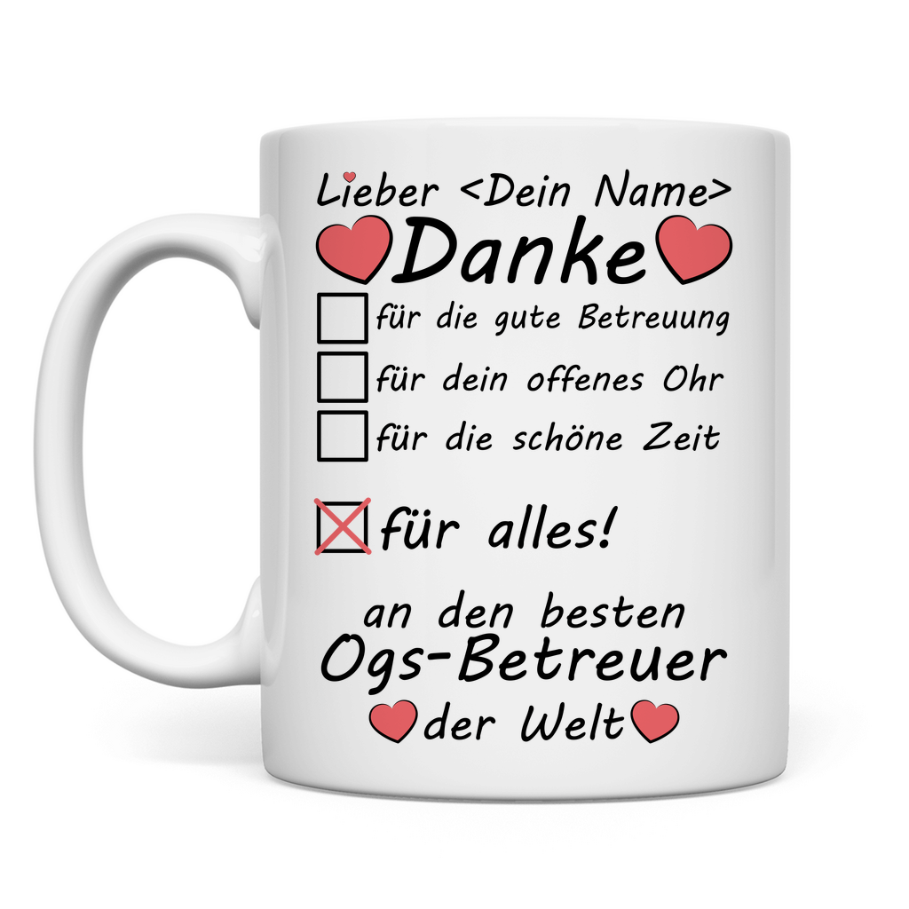 Personalisierte Keramiktasse für OGS-Betreuer zum Abschied mit Namensdruck