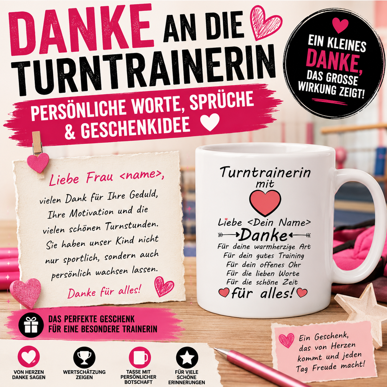 Danke an die Turntrainerin für die turnstunden– persönliche Worte, Sprüche & perfekt als Abschiedsgeschenk oder weihnachtsgeschenk geeignet