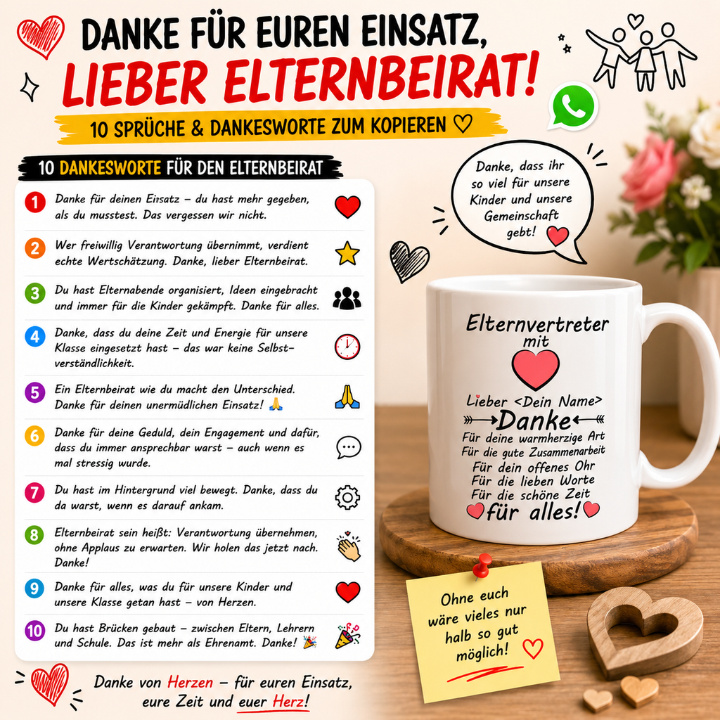 10x kostenlose danke sagen sprüche am den elternbeirat .Texte für Karte für  Elternbeirat im Kindergarten oder in der Grundschule + Geschenkidee eine personalisierte Tasse