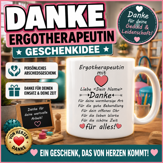 Dankeschön Tasse für die  Ergotherapeutin zum abschied der therapie. Personalisierbar mit Wunschnamen