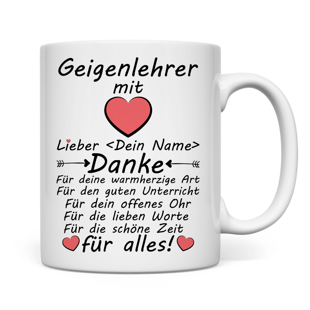 Danke sagen an besten Geigenlehrer | Abschiedsgeschenk Tasse mit Herz Personalisiert rückseite