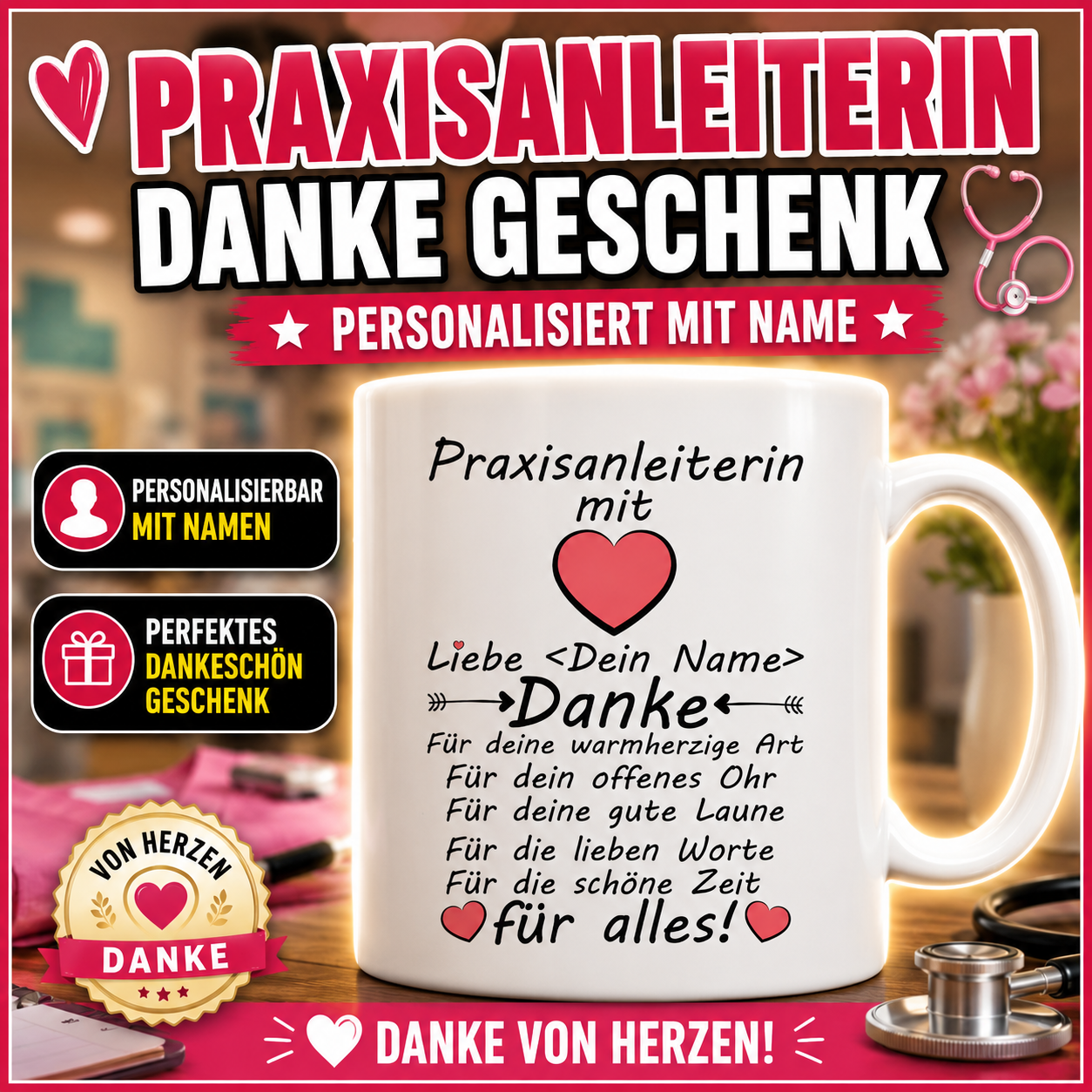 Danke sagen an die beste Praxisanleiterin - Abschiedsgeschenk. Personalisierte Tasse mit Wunschnamen