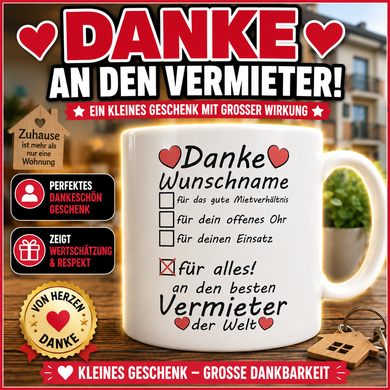 dankeschön geschenk für vermieter zum Auszug. Personalisierte Tasse an besten Vermieter der Welt mit Wunschnamen 