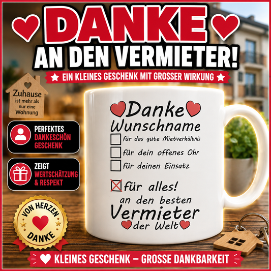 dankeschön geschenk für vermieter zum Auszug. Personalisierte Tasse an besten Vermieter der Welt mit Wunschnamen 