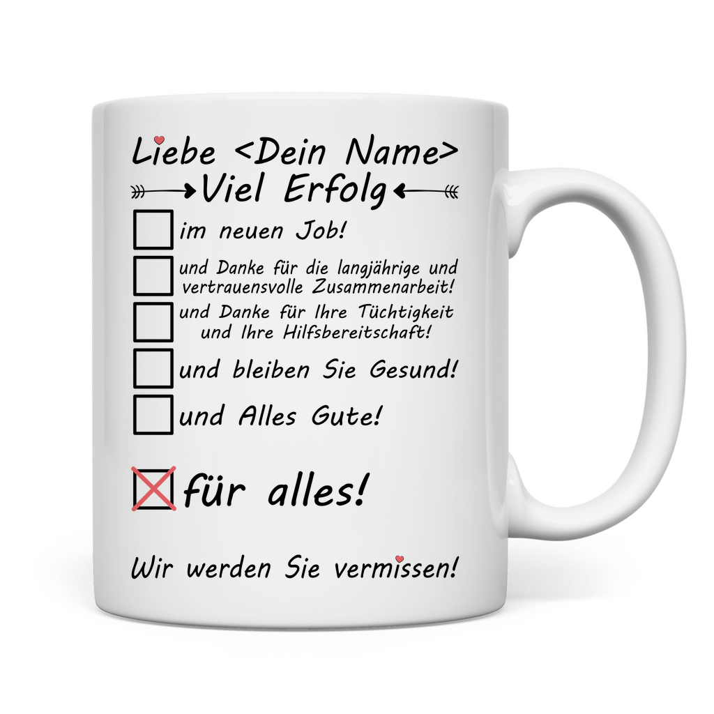 Personalisierte Tasse mit Namensdruck – Abschiedsgeschenk für ausscheidende Mitarbeiter