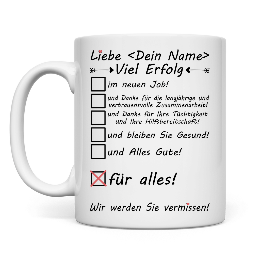 Personalisierte Tasse mit Namensdruck – Abschiedsgeschenk für ausscheidende Mitarbeiter