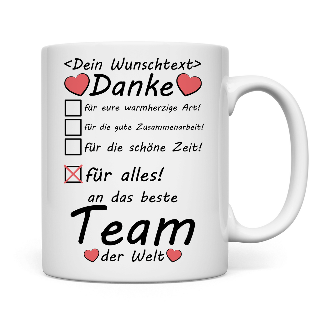 Keramiktasse mit Namensdruck – Dankeschön-Geschenk für das Team zum Abschied