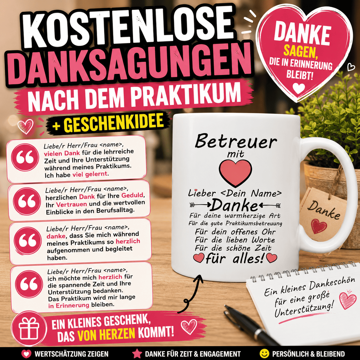 Danke sagen nach dem Praktikum + Geschenkidee. 10 kostenlose Danksagungen Texte zum ende Praktikum für den Betreuer oder Betreuerin. Perfekt für eine Dankeskarte oder als dankesschreiben                  geeignet