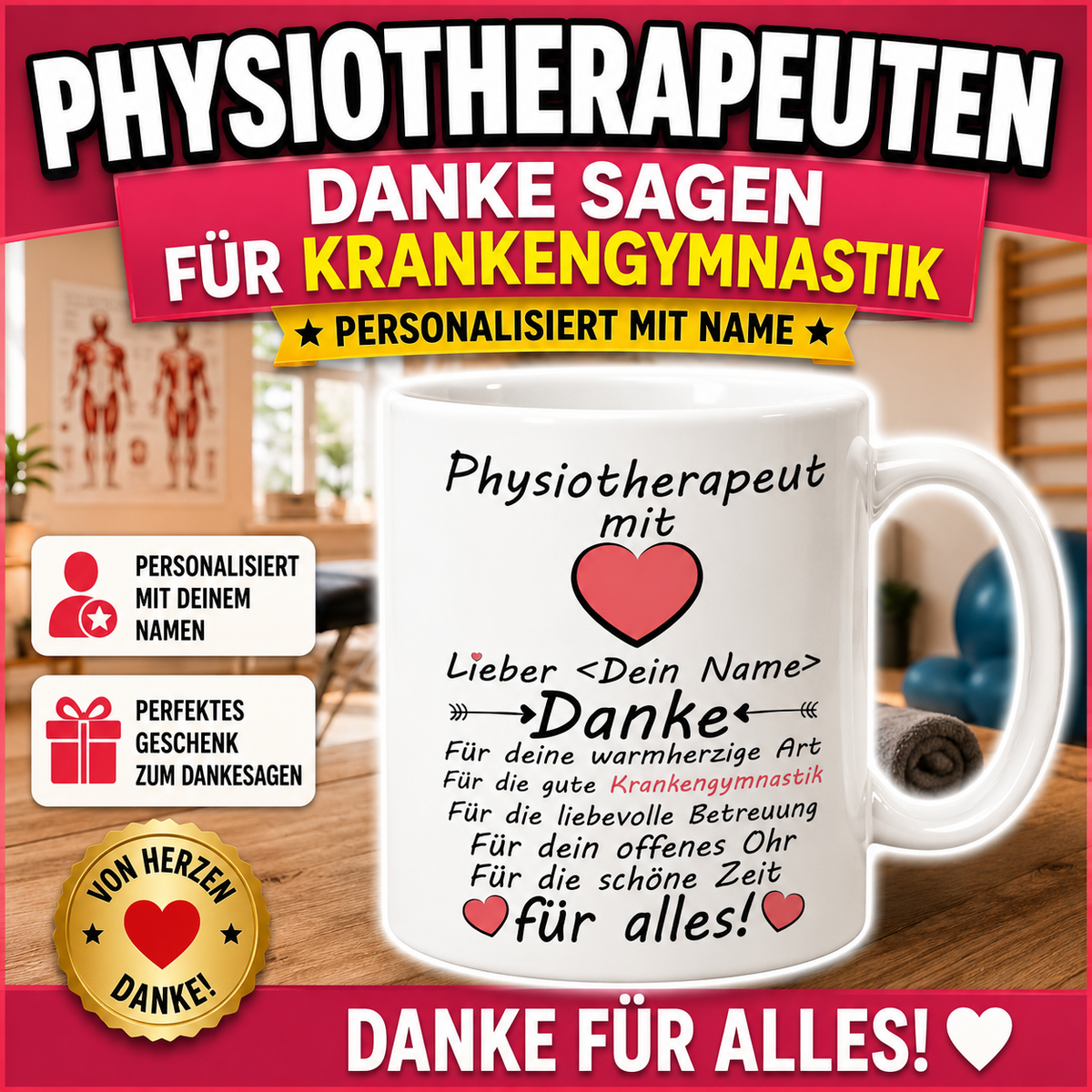 Persönliche Dankeschön Tasse als Geschenk für Physiotherapeuten oder Physiotherapeutin – schöne Geschenkidee zum Danke sagen für Krankengymnastik, Therapie und liebevolle Betreuung.