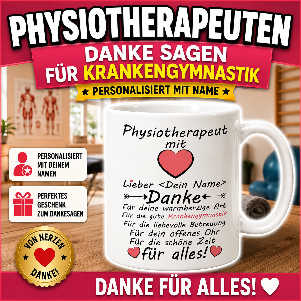 Persönliche Dankeschön Tasse als Geschenk für Physiotherapeuten oder Physiotherapeutin – schöne Geschenkidee zum Danke sagen für Krankengymnastik, Therapie und liebevolle Betreuung.