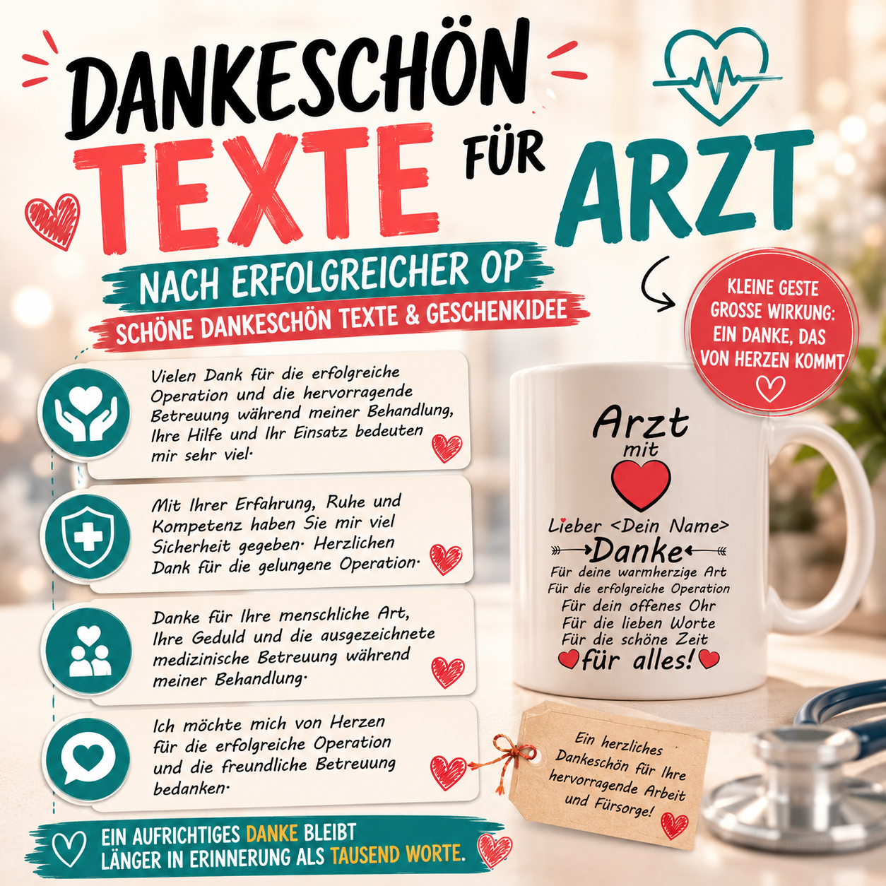 Dankeschön Texte für Arzt nach erfolgreicher OP + Geschenkidee" Schöne kostenlose Dankeschön Texte für Ärzte nach einer Operation mit Geschenkidee eine Tasse