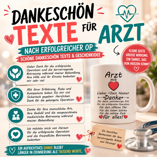 Dankeschön Texte für Arzt nach erfolgreicher OP + Geschenkidee" Schöne kostenlose Dankeschön Texte für Ärzte nach einer Operation mit Geschenkidee eine Tasse