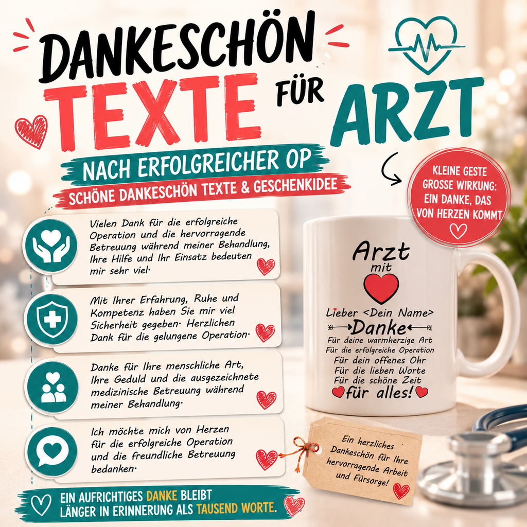 Dankeschön Texte für Arzt nach erfolgreicher OP + Geschenkidee" Schöne kostenlose Dankeschön Texte für Ärzte nach einer Operation mit Geschenkidee eine Tasse