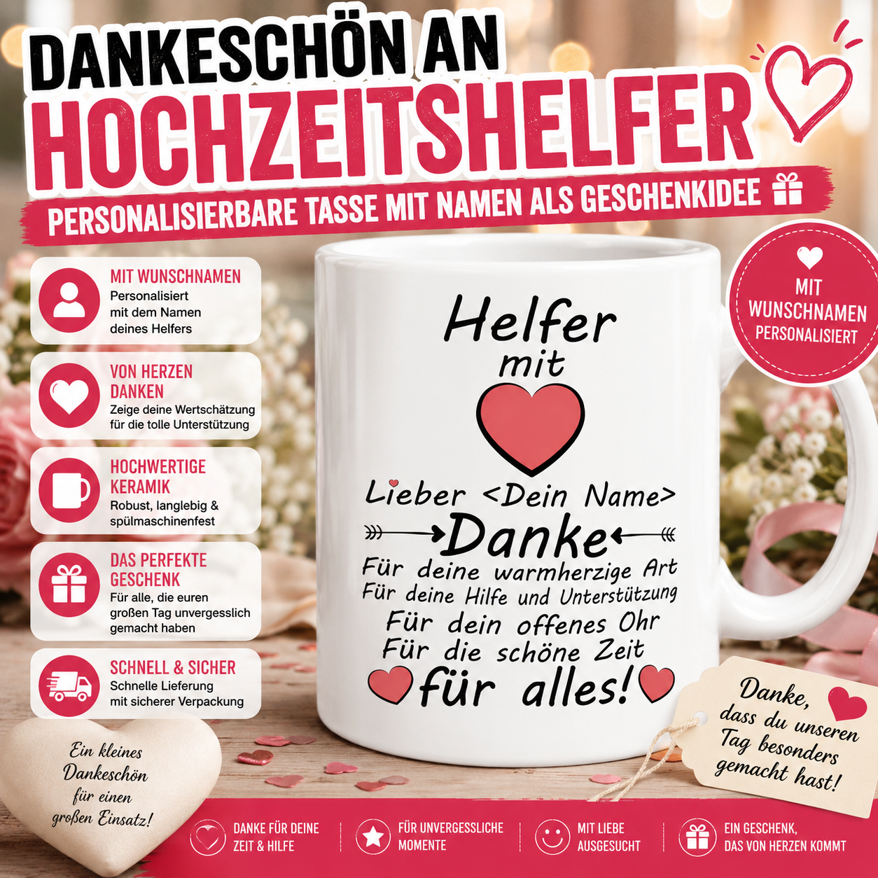 Dankeschön an den Hochzeitshelfer - Personalisierbare Tasse mit Namen als Geschenkidee für den Helfer bei einer Hochzeit