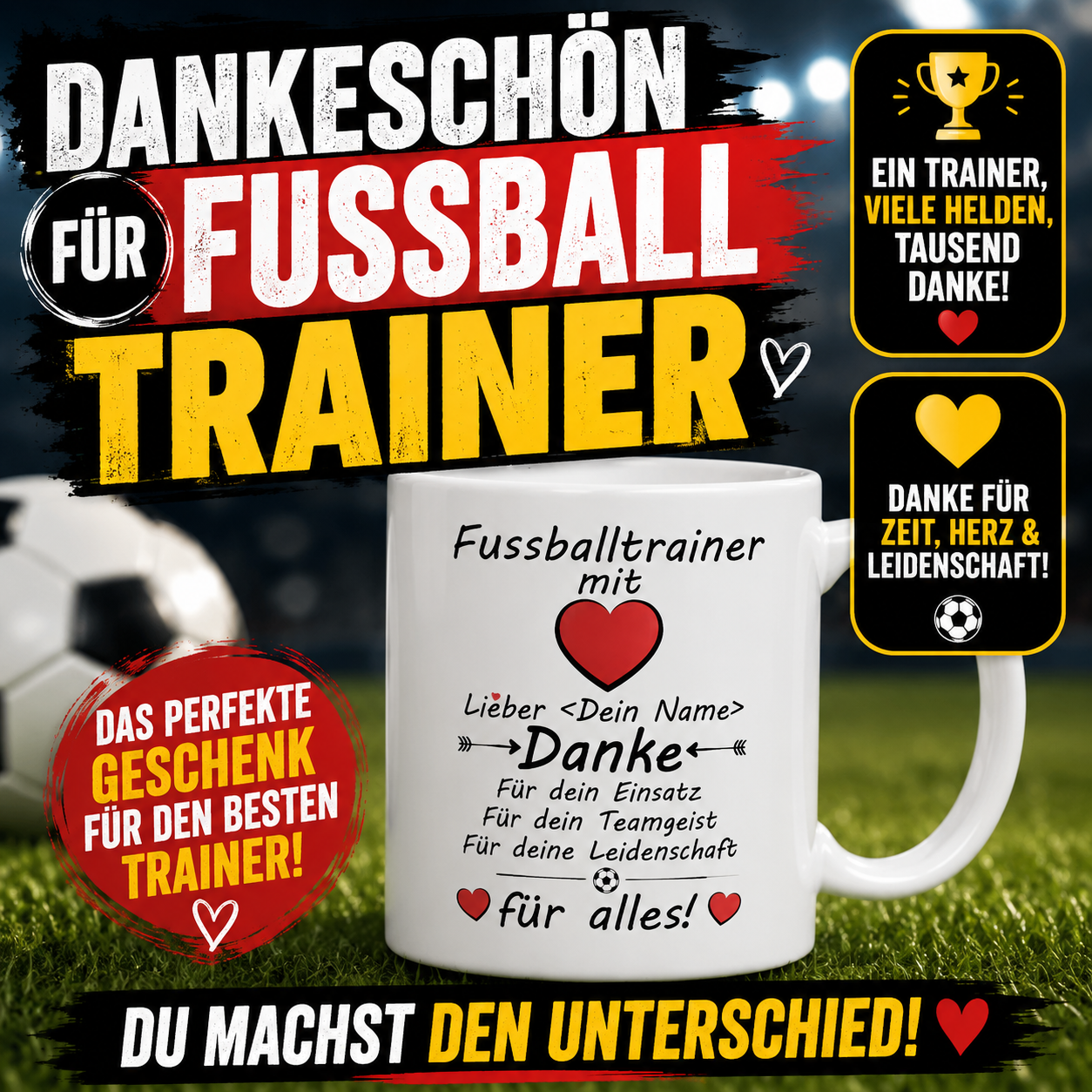 Personalisierte Tasse für Fußballtrainer mit Wunschname und herzlicher Dankesbotschaft. Persönliches Dankeschön für Fußballtrainer als Geschenk zum Saisonende, für den Einsatz und die schöne gemeinsame Zeit.