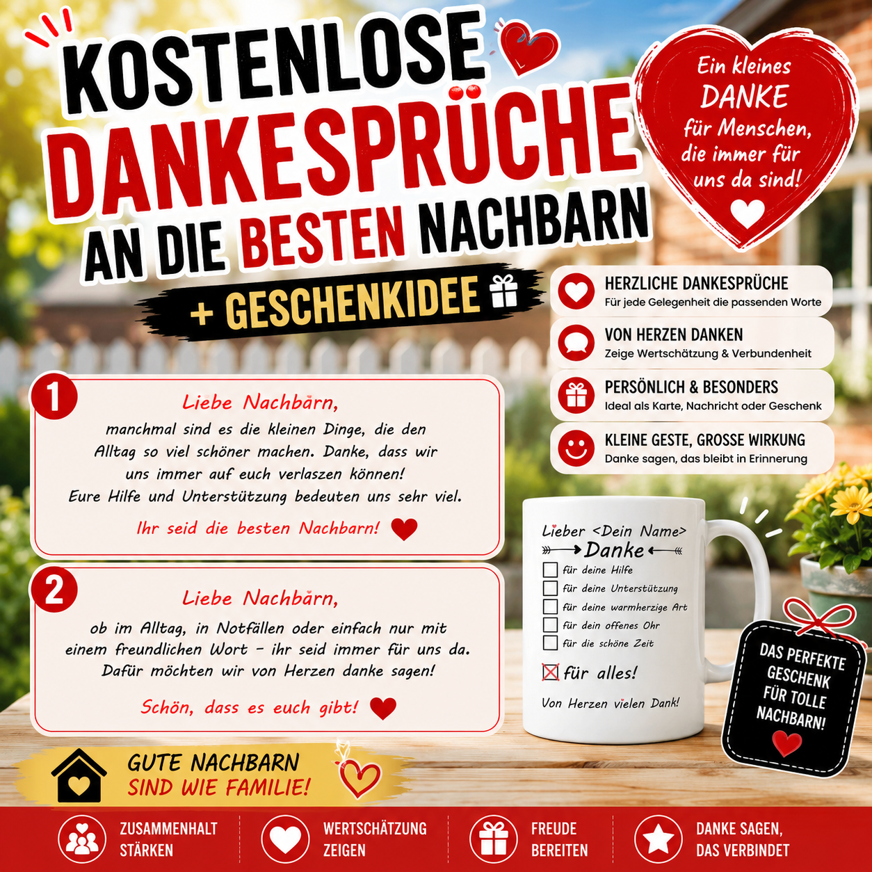 danke sagen für hilfe und unterstützung + hilfsbereitschaft an den  nachbarn mit kostenlosen kurzen Sprüchen + Geschenkidee