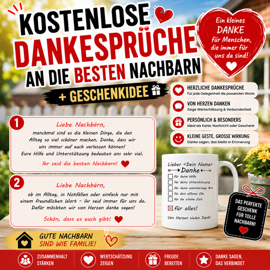 danke sagen für hilfe und unterstützung + hilfsbereitschaft an den  nachbarn mit kostenlosen kurzen Sprüchen + Geschenkidee
