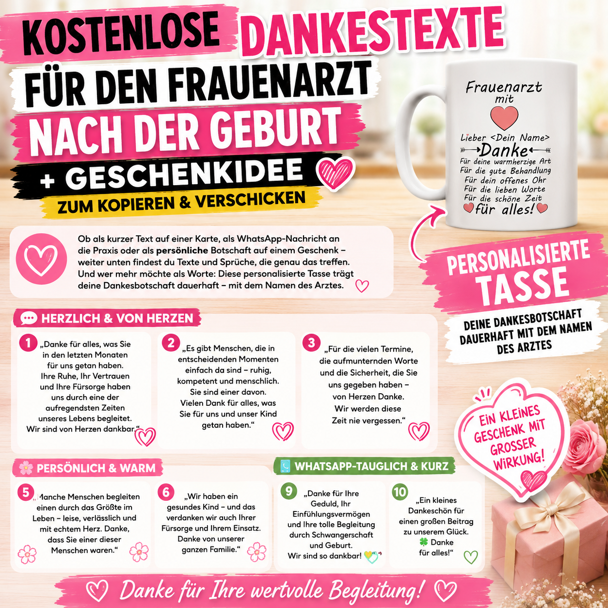 Kostenlose Dankestexte für den Frauenarzt nach der Geburt + Geschenkidee – zum Kopieren & Verschicken" ,Ob als kurzer Text auf einer Karte, als WhatsApp-Nachricht an die Praxis oder als persönliche Botschaft auf einem Geschenk