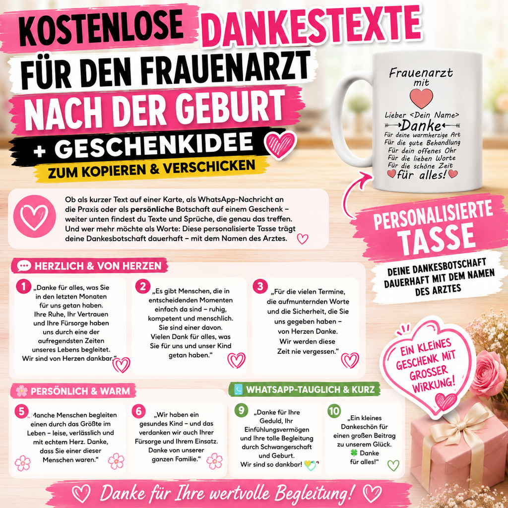 Kostenlose Dankestexte für den Frauenarzt nach der Geburt + Geschenkidee – zum Kopieren & Verschicken" ,Ob als kurzer Text auf einer Karte, als WhatsApp-Nachricht an die Praxis oder als persönliche Botschaft auf einem Geschenk