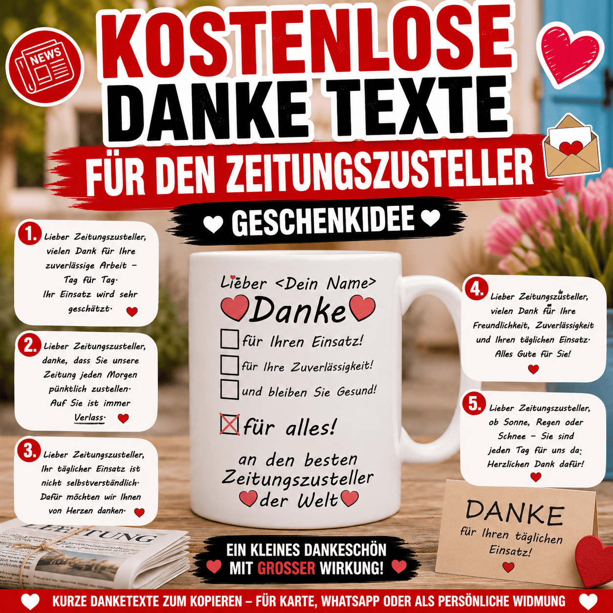 KOstenlose Dankestexte für den Zeitungszusteller + Geschenkidee. Die folgenden kurzen Dankestexte eignen sich ideal für eine Grußkarte oder als persönliche Botschaft zu einem kleinen Geschenk