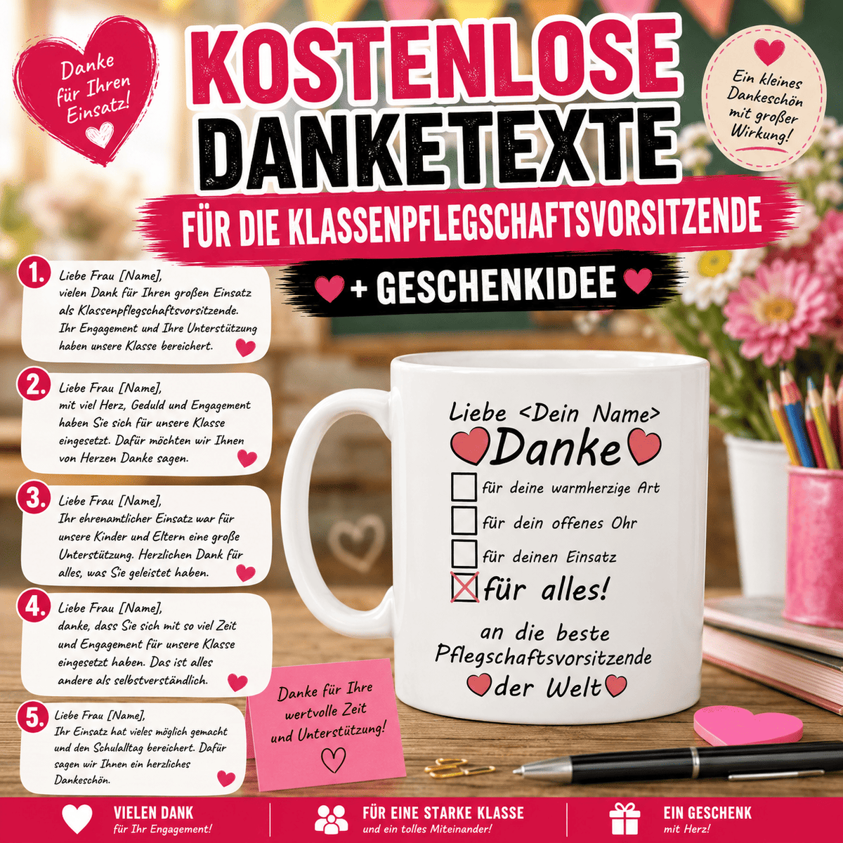 Kostenlose Dankestexte für die Klassenpflegschaftsvorsitzende + Geschenkidee. Die folgenden Dankestexte eignen sich ideal für eine Grußkarte oder als persönliche Botschaft zu einem kleinen Geschenk