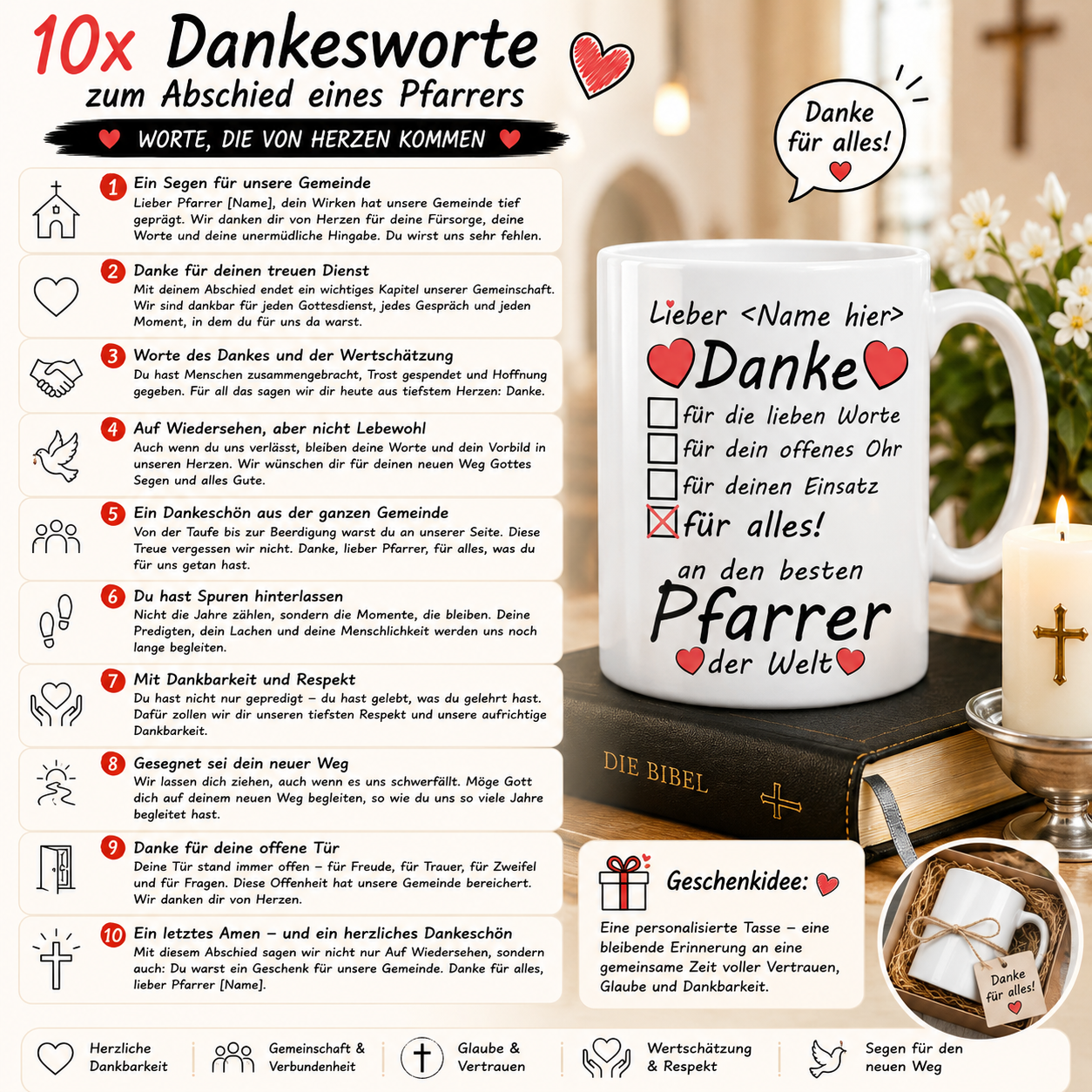 10x Dankesworte zum Abschied eines Pfarrers + Geschenkidee und 10x Wünsche für Karte oder Whatsapp