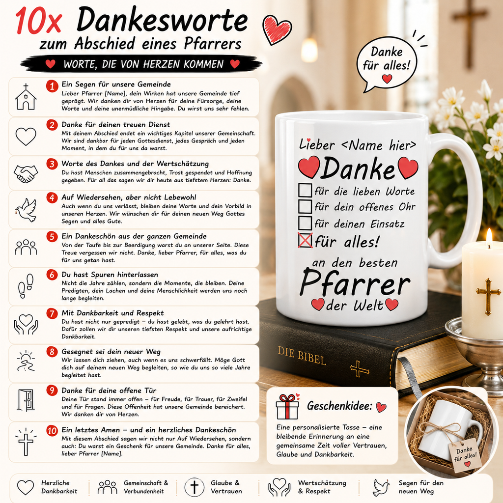 10x Dankesworte zum Abschied eines Pfarrers + Geschenkidee und 10x Wünsche für Karte oder Whatsapp