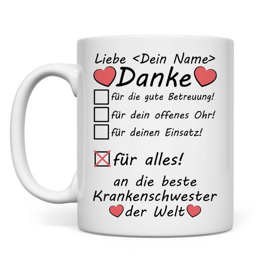 dankesworte Danke Sagen an Krankenschwester  Tasse
