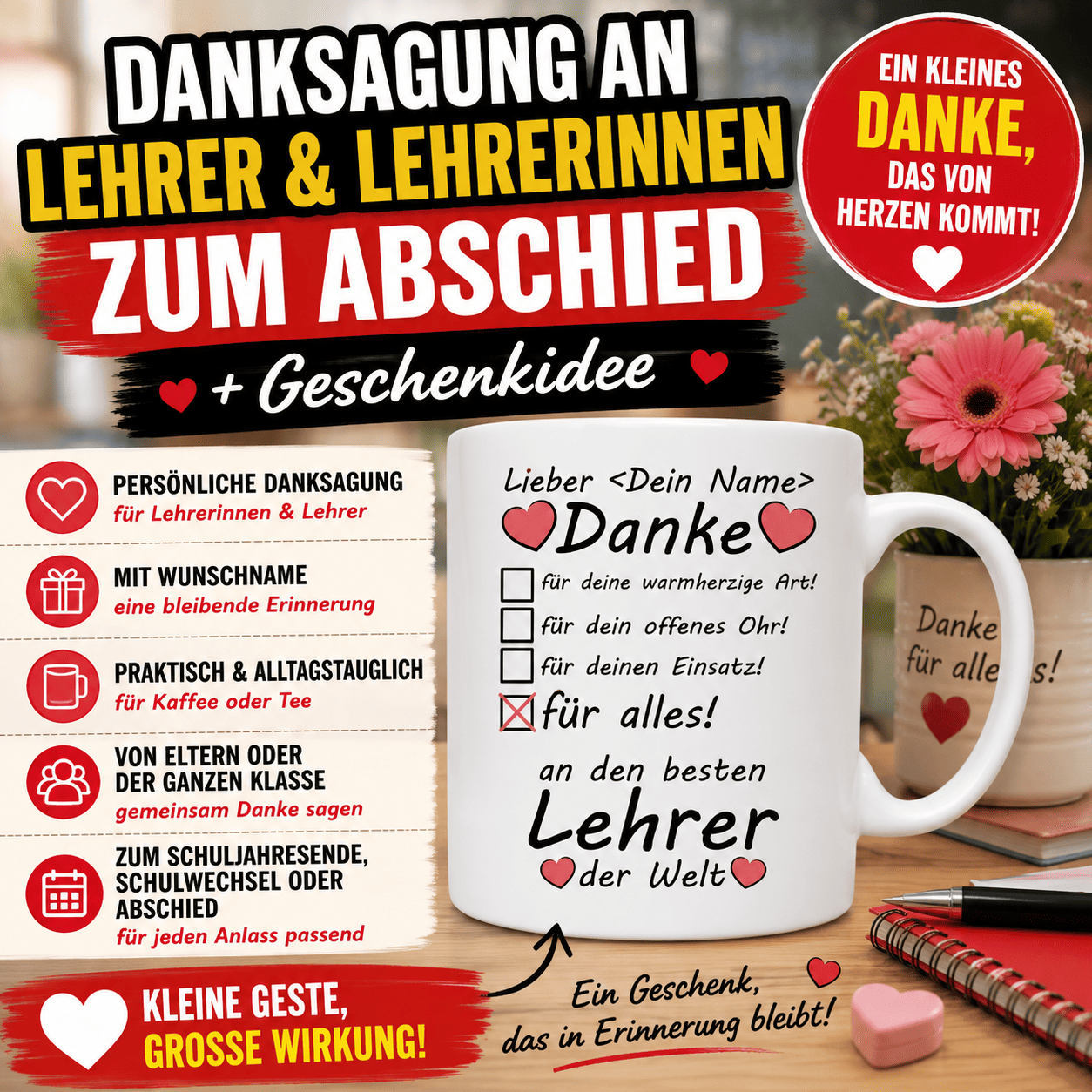 Danksagung an Lehrer und Lehrerinnen zum Abschied + Geschenkidee. personalisierte Tasse ist eine liebevolle Geschenkidee für Lehrerinnen und Lehrer zum Abschied. Mit Wunschname gestaltet, wird sie zu einer bleibenden Erinnerung an die Klasse und begleitet jeden Tag im Lehrerzimmer
