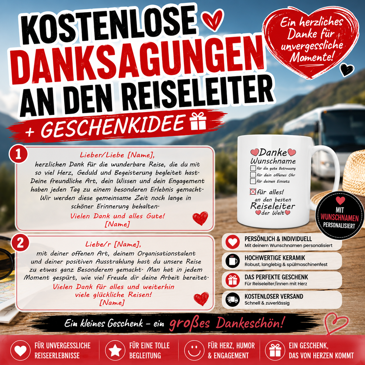 Kostenlose Danksagungen & Danketexte an den Reiseleiter + Geschenkidee