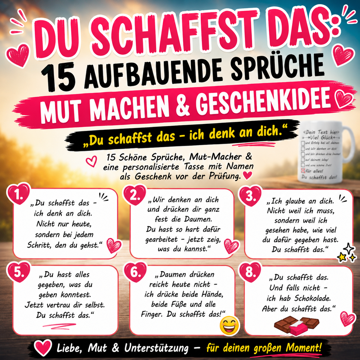 Du schaffst das – ich denk an dich. 15 aufbauende Schöne Sprüche, Mut-Macher & eine personalisierte "Viel Glück" Tasse mit Namen zur Motivation als Geschenk vor der Prüfung.