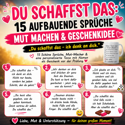 Du schaffst das – ich denk an dich. 15 aufbauende Schöne Sprüche, Mut-Macher & eine personalisierte "Viel Glück" Tasse mit Namen zur Motivation als Geschenk vor der Prüfung.
